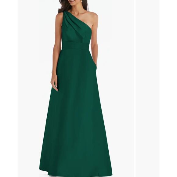 NEW Alfred Sung One Shoulder A-Line Gown Hunter Green - Picture 1 of 9